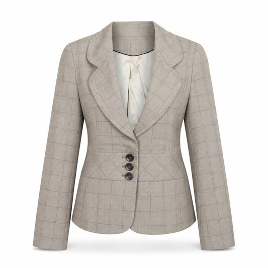 Front view of Next women’s beige plaid jacket blazer, size UK 12, button