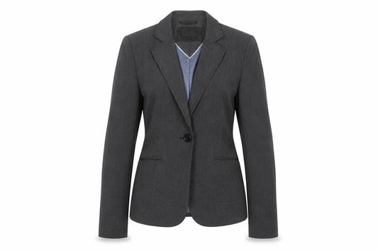 Front view of Next women’s black striped polyester jacket blazer, size UK 10
