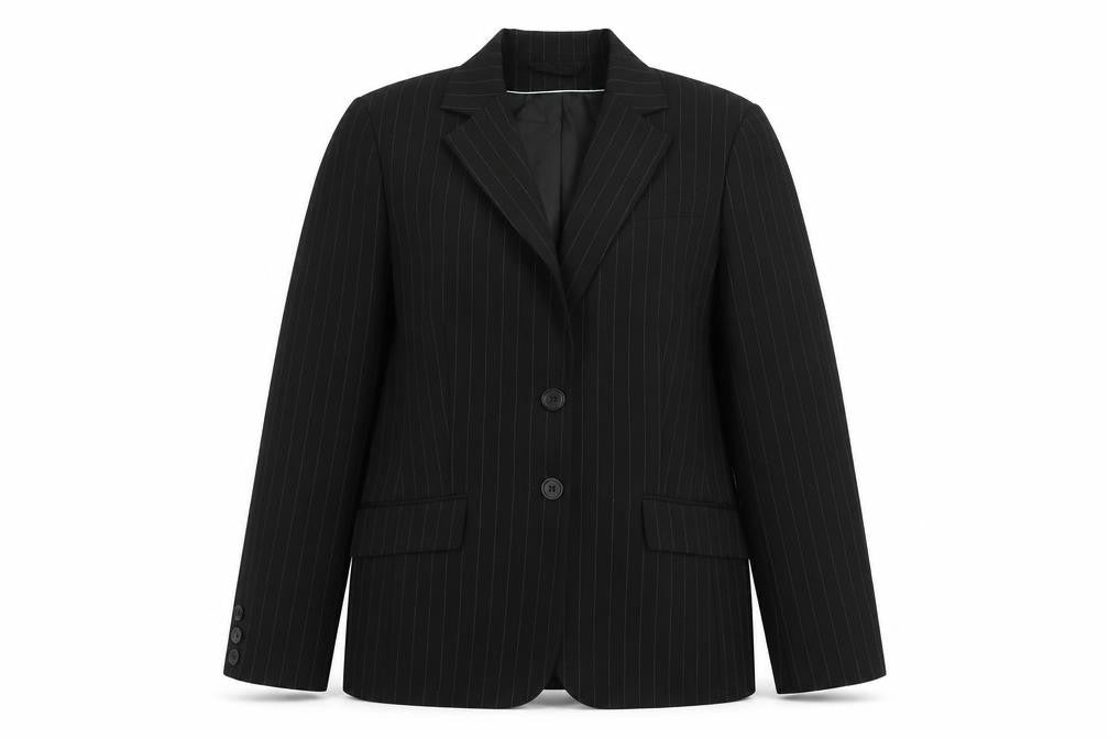 Front view of Dorothy Perkins women’s black striped polyester jacket blazer, size UK 14