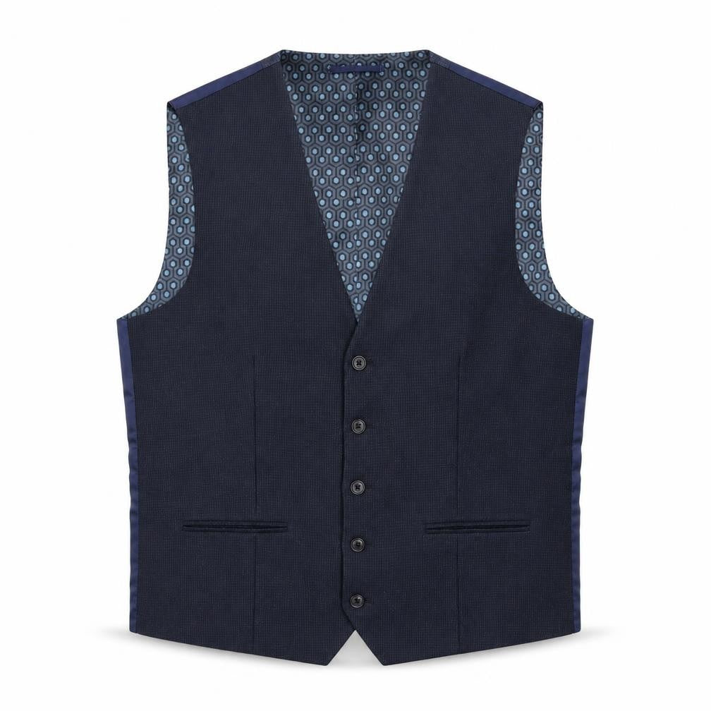 Front view of Next men’s blue polyester jacket suit waistcoat, size 42, regular