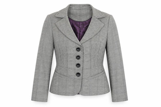 Front view of Next women’s grey plaid polyester jacket blazer, size UK 8