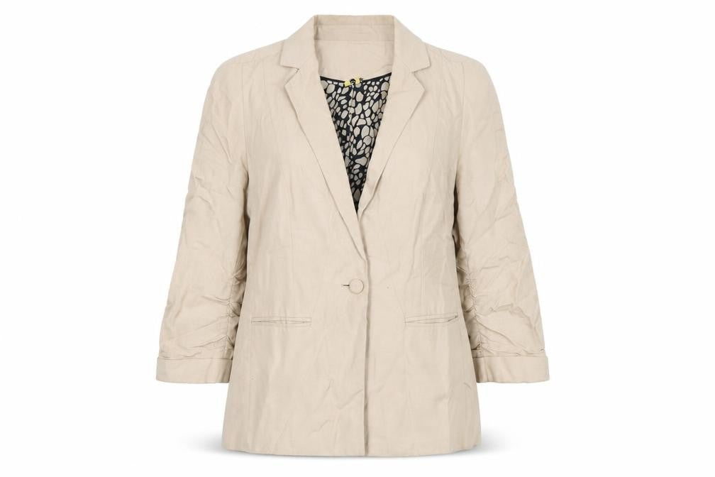 Front view of Marks & Spencer women’s beige jacket blazer, size UK 12, button