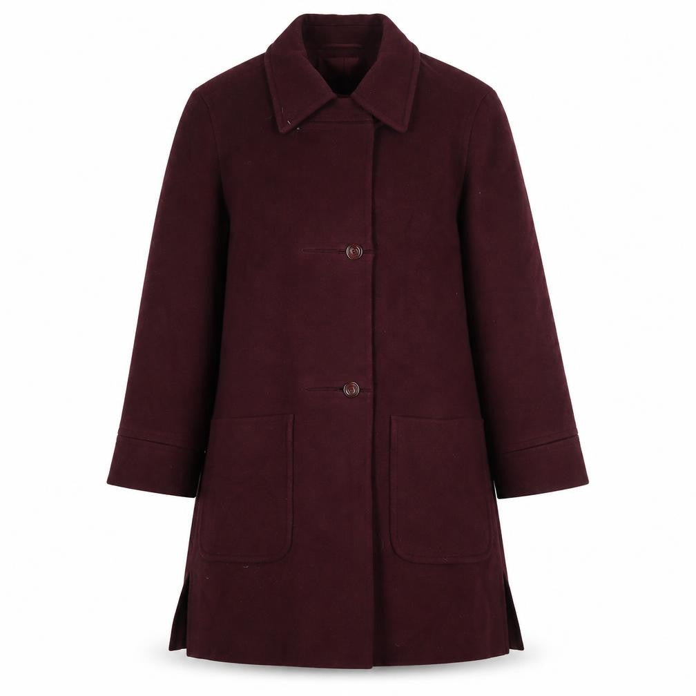 Front view of James Meade women’s purple overcoat coat, size UK 10, button