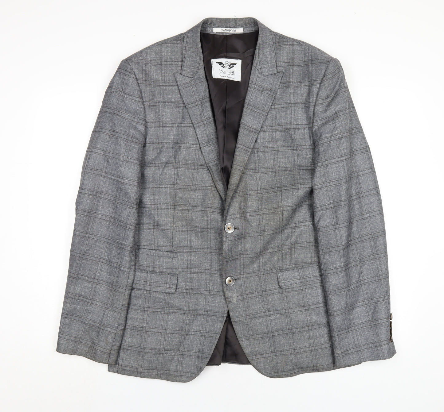 Tom Silk Mens Grey Plaid Viscose Jacket Blazer Size 42 Regular