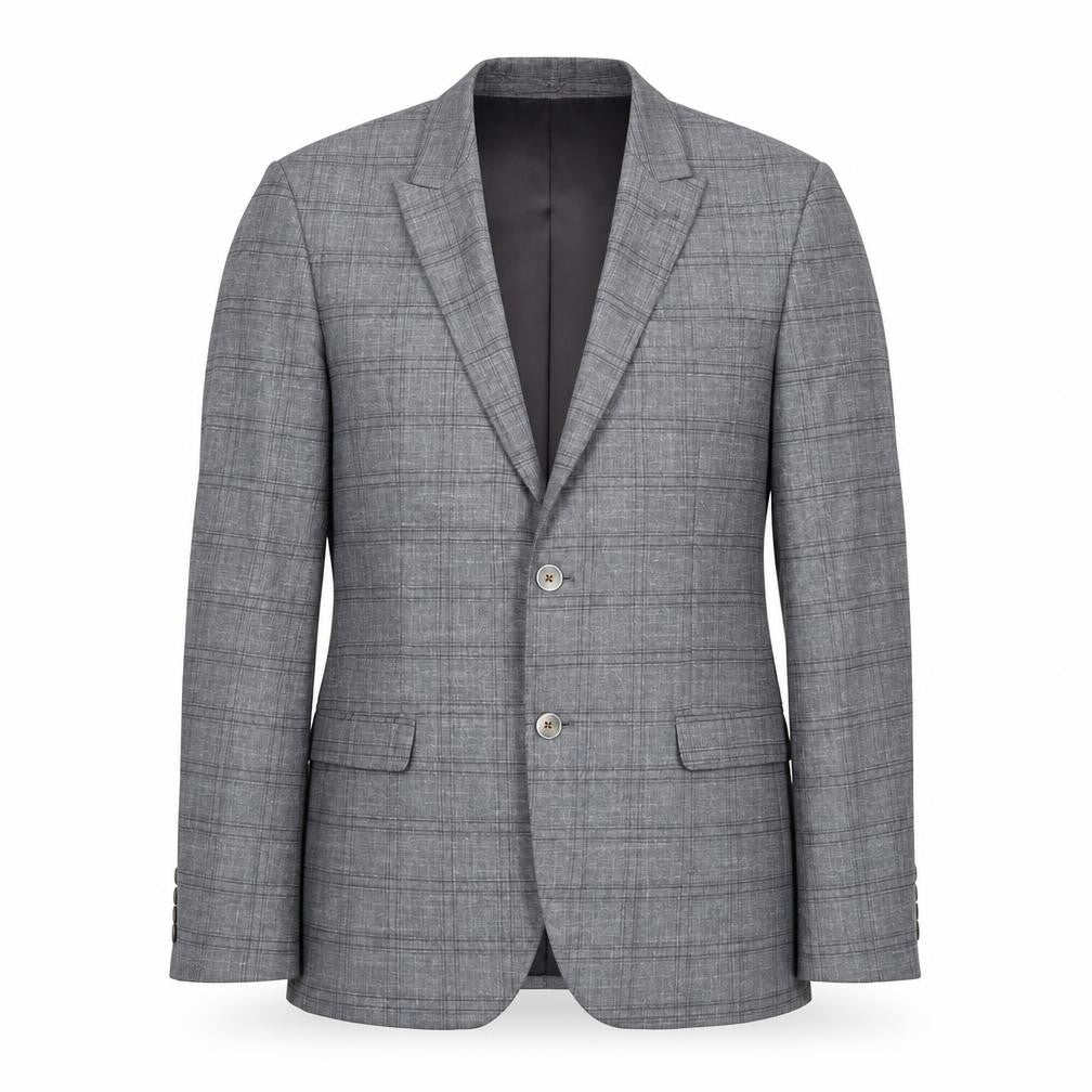 Front view of Tom Silk men’s grey plaid viscose jacket blazer, size 42, regular