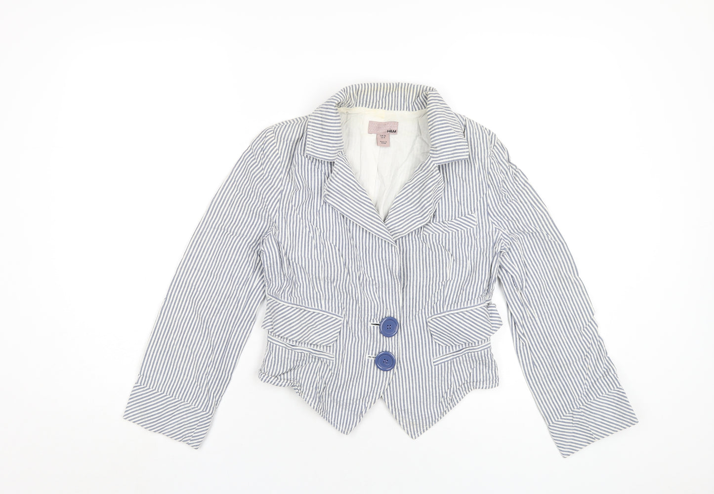 H&M Womens Blue Striped Jacket Blazer Size 8 Button