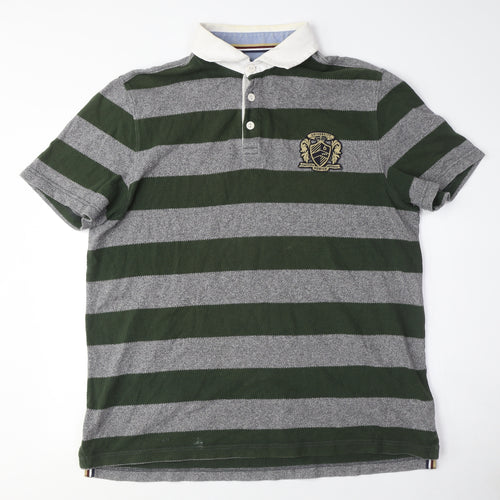 Howick Men's Green Grey Striped Collared T-Shirt L