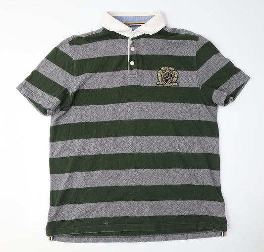 Howick Men's Green Grey Striped Collared T-Shirt L