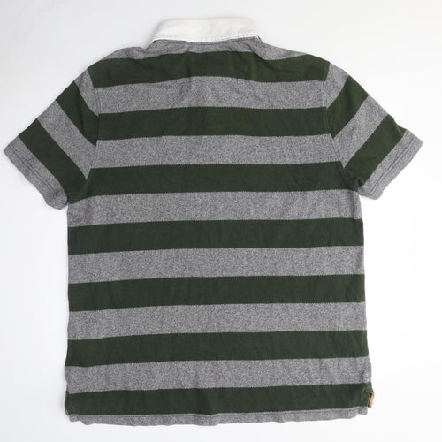 Howick Men's Green Grey Striped Collared T-Shirt L