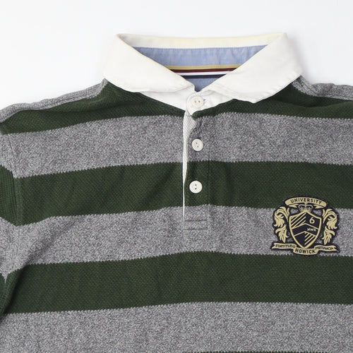 Howick Men's Green Grey Striped Collared T-Shirt L