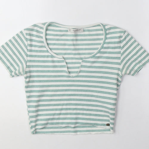 Pull&Bear Women's Green Striped Cropped T-Shirt S