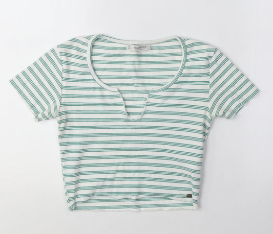 Pull&Bear Women's Green Striped Cropped T-Shirt S