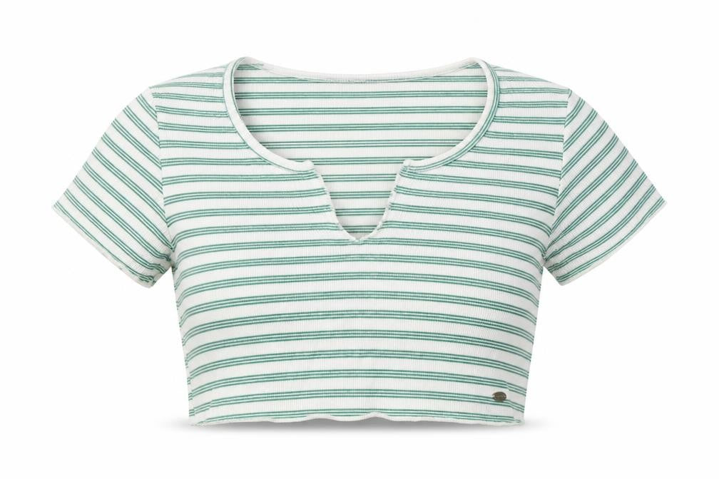 Front view of Pull&Bear Women's Green Striped Cropped T-Shirt S