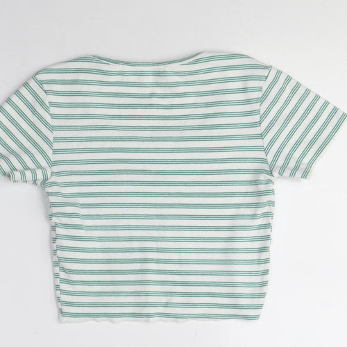 Pull&Bear Women's Green Striped Cropped T-Shirt S