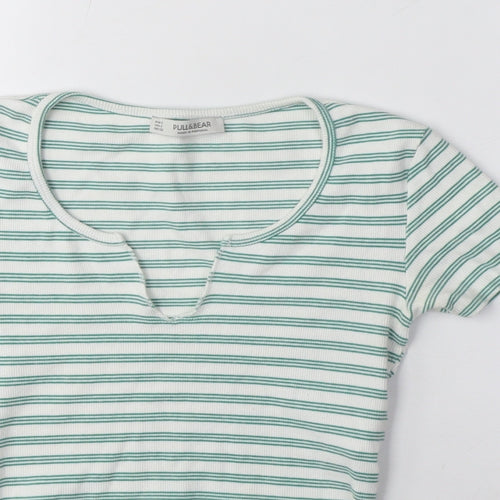 Pull&Bear Women's Green Striped Cropped T-Shirt S