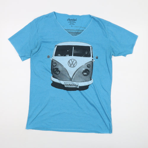 Volkswagen Mens Blue Cotton T-Shirt Size L V-Neck