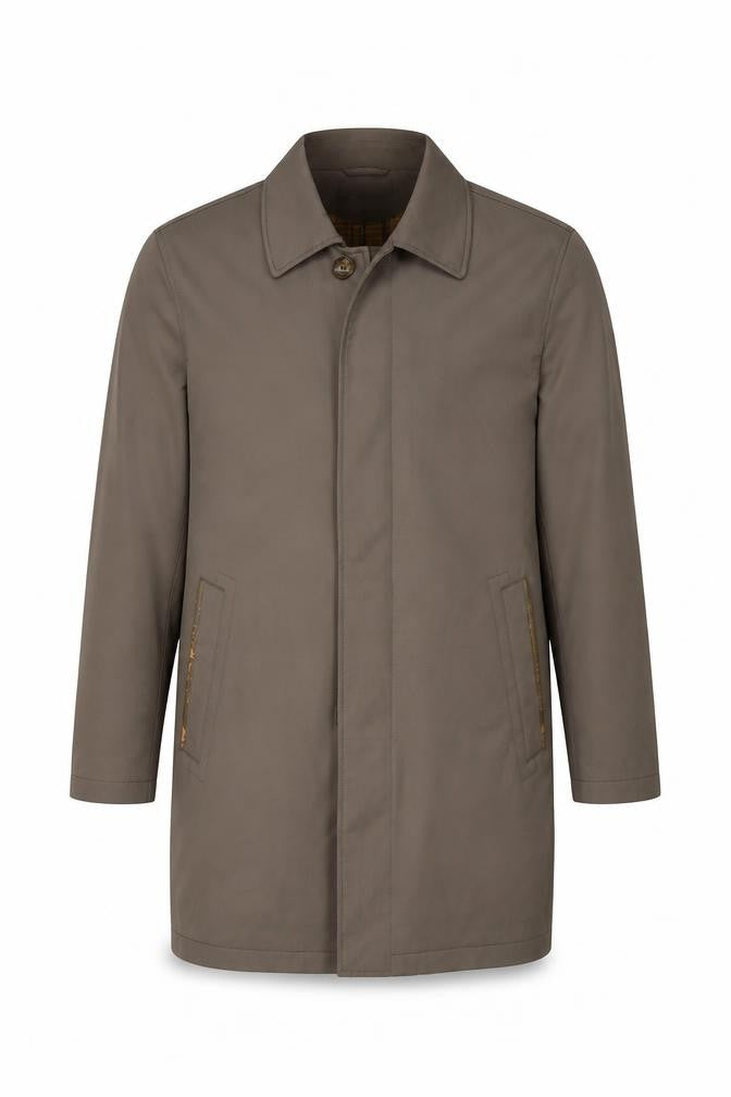 Front view of Bosideng men’s beige overcoat coat, size S, button