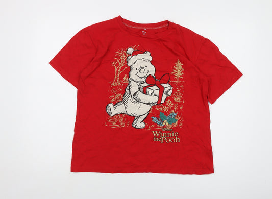 Disney Womens Red Cotton Basic T-Shirt Size 10 Crew Neck - The Winnie Pooh Christmas