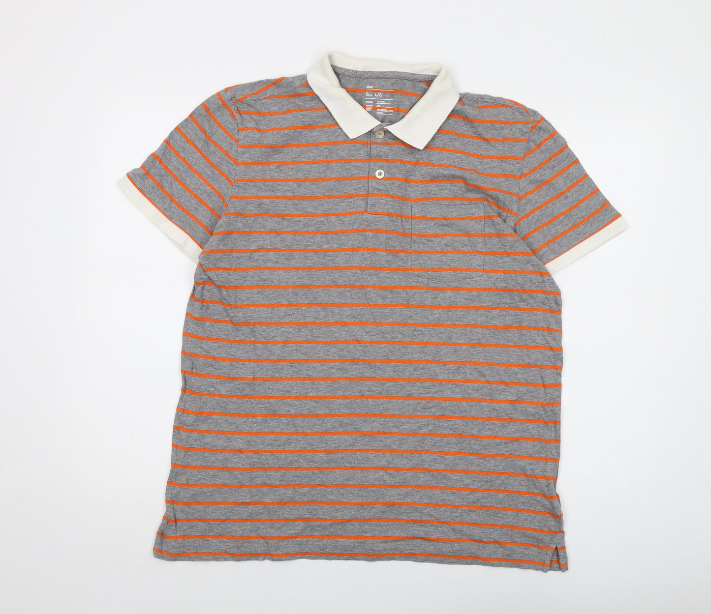 Gap Mens Grey Striped Cotton Polo Size L Collared Button