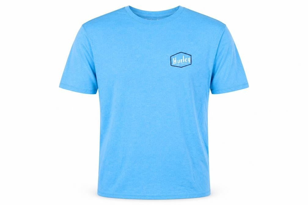 Front view of Hurley men’s blue polyester t-shirt, size L, crew neck