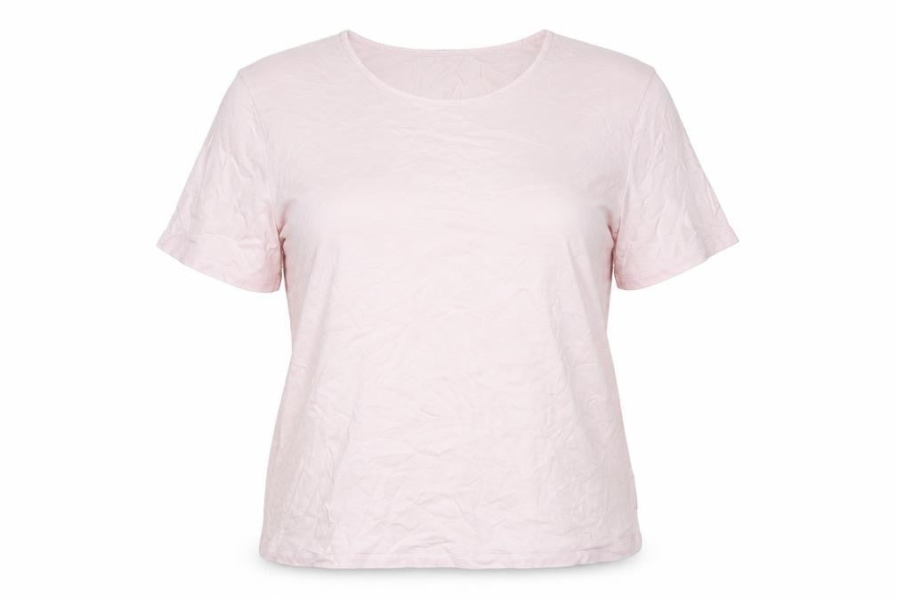 Front view of Lands' End women’s pink cotton basic t-shirt, size UK 14, round neck