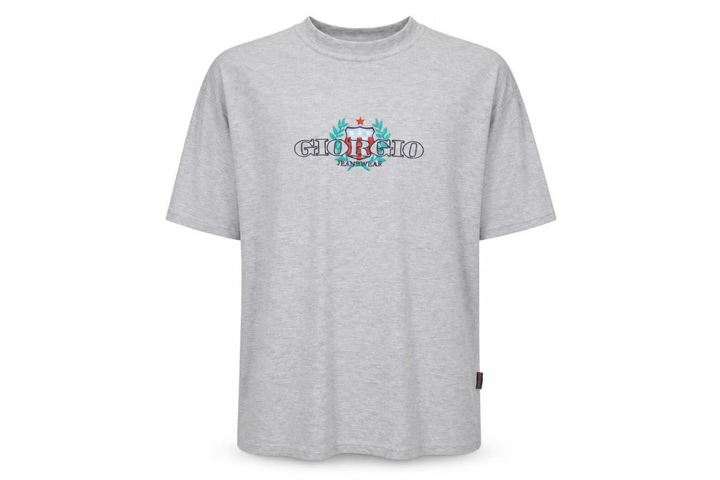 Front view of Giorgio men’s grey polyester t-shirt, size XL, crew neck