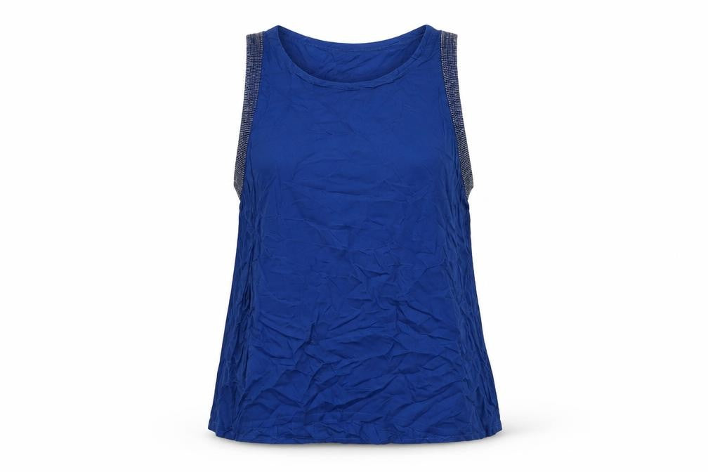 Front view of Warehouse women’s blue viscose basic tank, size UK 8, round neck