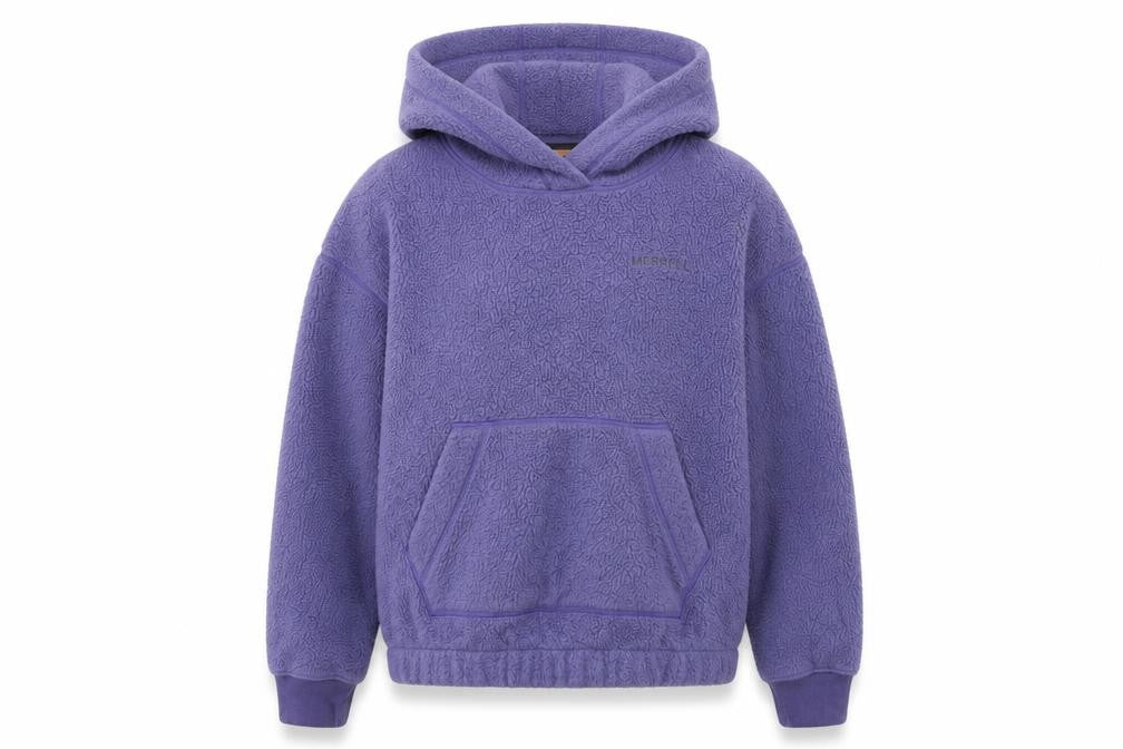 Front view of Merrell women’s purple polyester pullover hoodie, size S, pullover