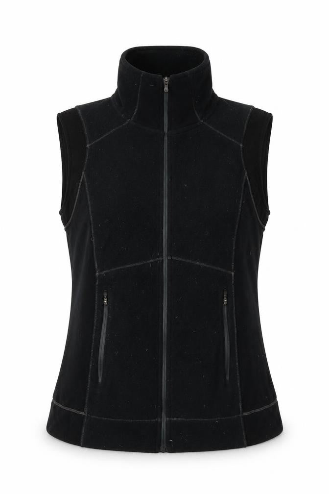 Front view of Colum women’s black jacket waistcoat, size M, zip