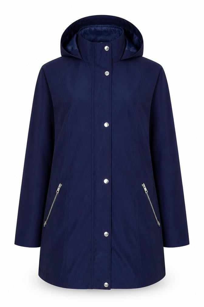 Front view of Dannimac women’s blue jacket, size UK 12, zip