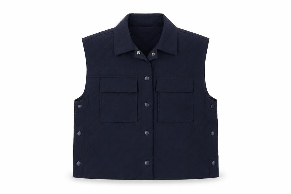 Front view of Fransa women’s blue jacket waistcoat, size S, button