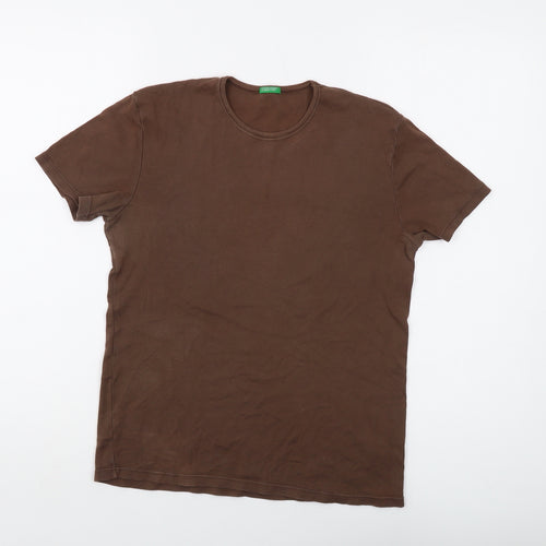 United Colors of Benetton Womens Brown Cotton Basic T-Shirt Size L Crew Neck