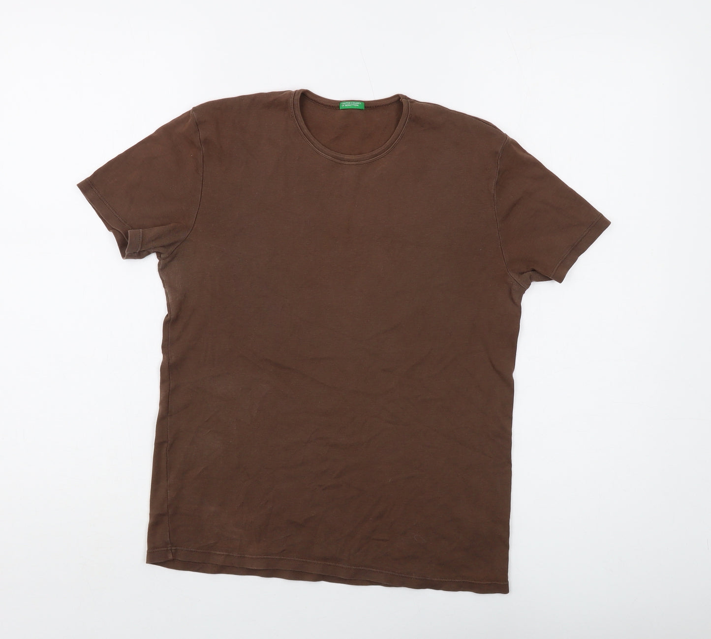 United Colors of Benetton Womens Brown Cotton Basic T-Shirt Size L Crew Neck