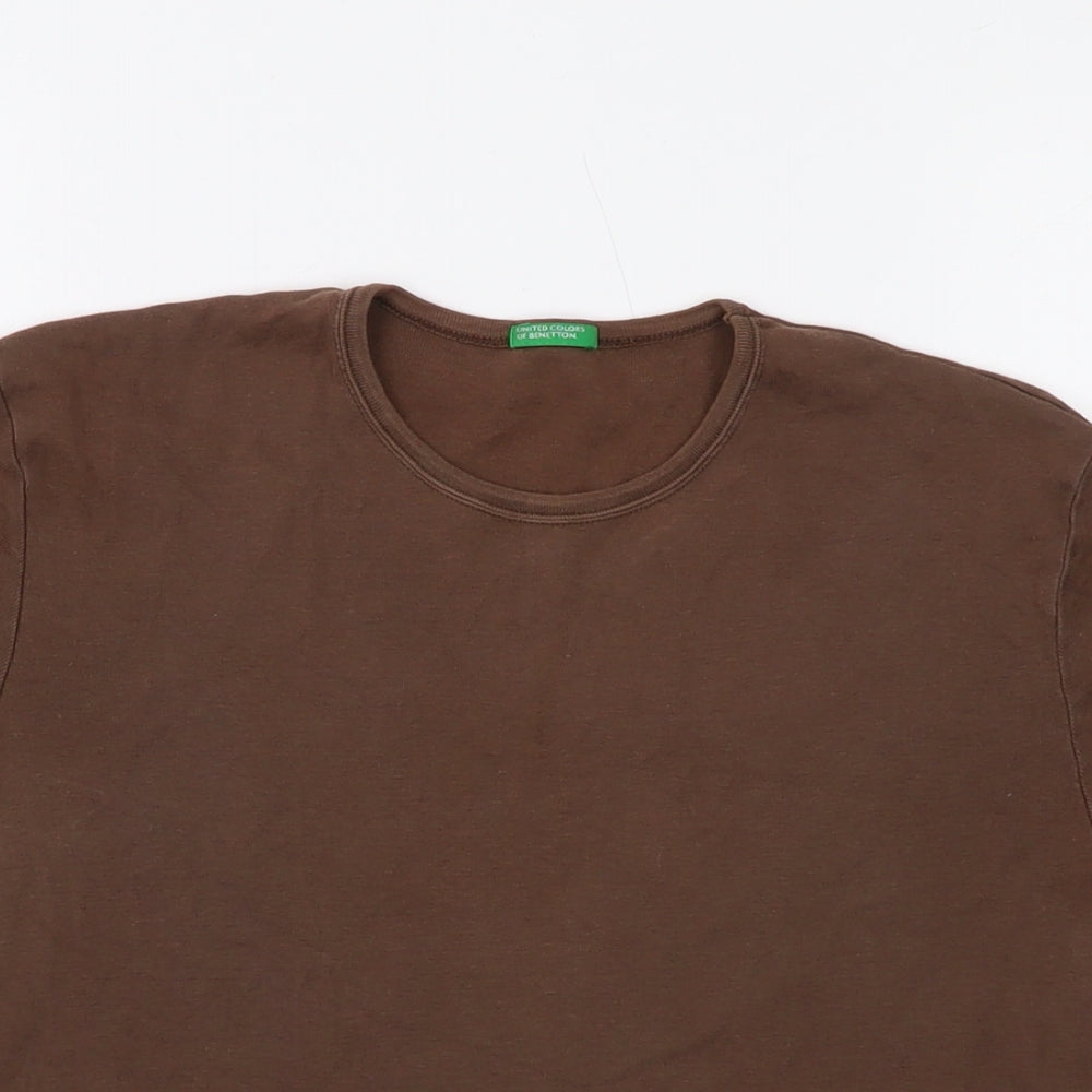 United Colors of Benetton Womens Brown Cotton Basic T-Shirt Size L Crew Neck