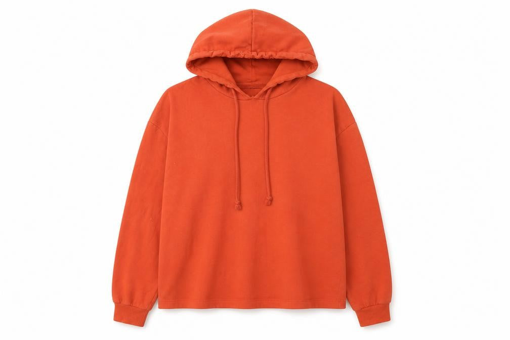 Front view of Pieces women’s orange cotton pullover hoodie, size M, pullover