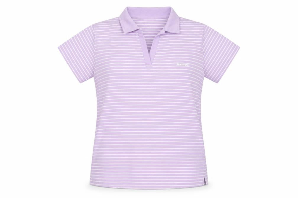Front view of Reebok women’s purple striped polyester basic polo, size UK 14, collared