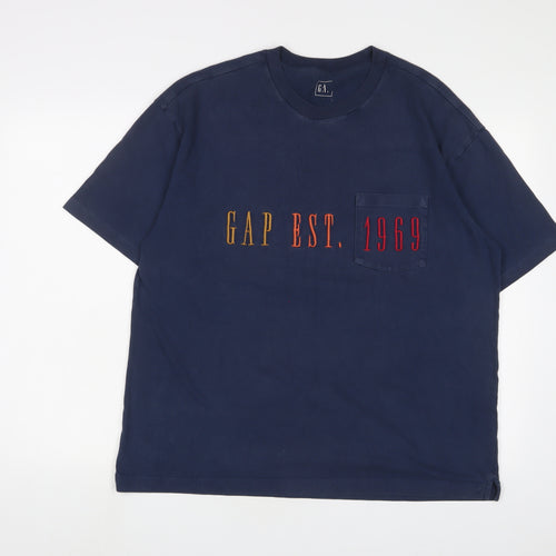 Gap Mens Blue Cotton T-Shirt Size L Crew Neck - Logo, Embroidered