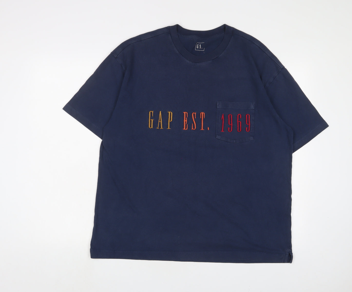 Gap Mens Blue Cotton T-Shirt Size L Crew Neck - Logo, Embroidered