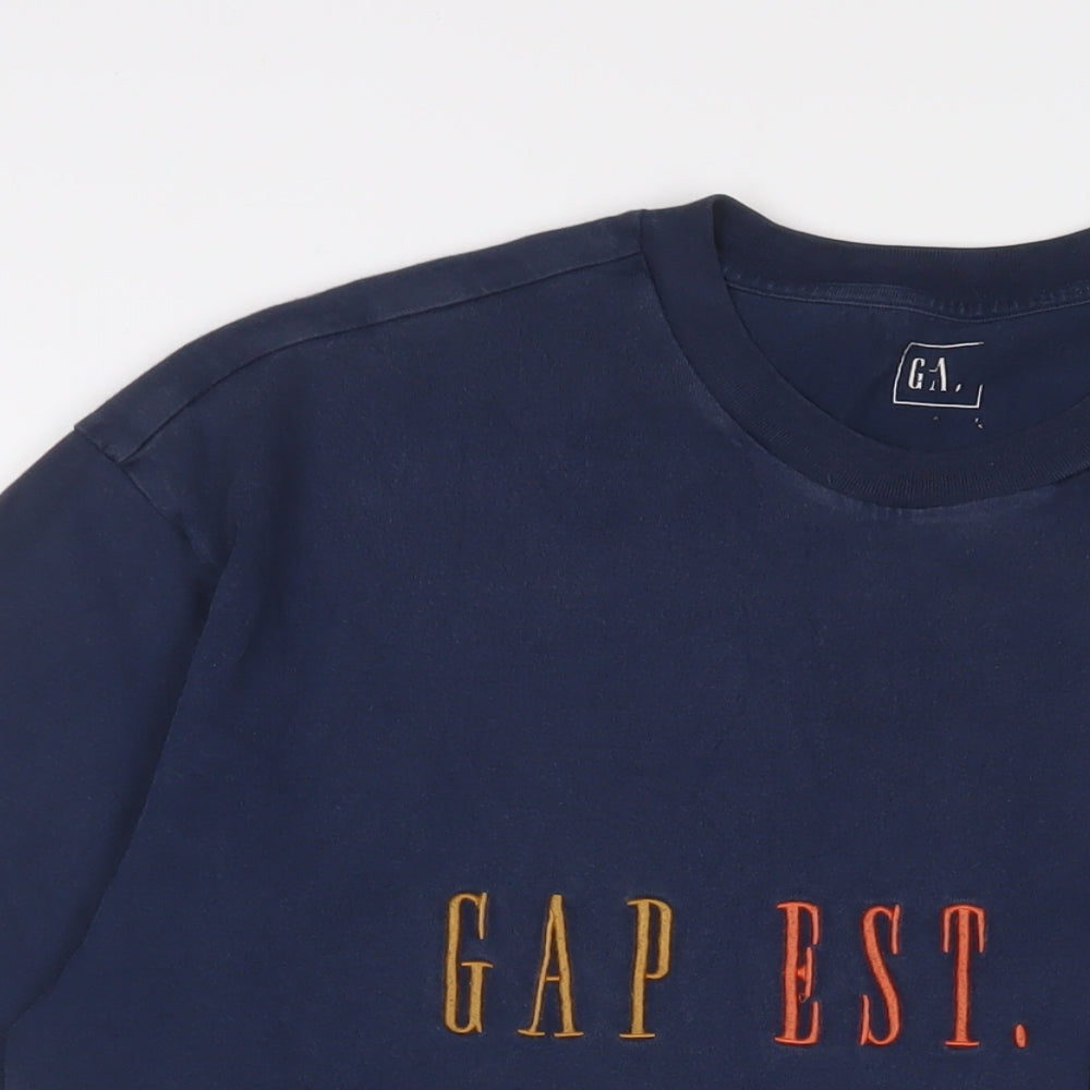 Gap Mens Blue Cotton T-Shirt Size L Crew Neck - Logo, Embroidered