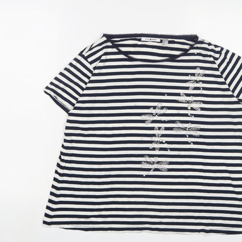 Punt Roma Womens Blue Striped Viscose Basic T-Shirt Size L Boat Neck - Beaded