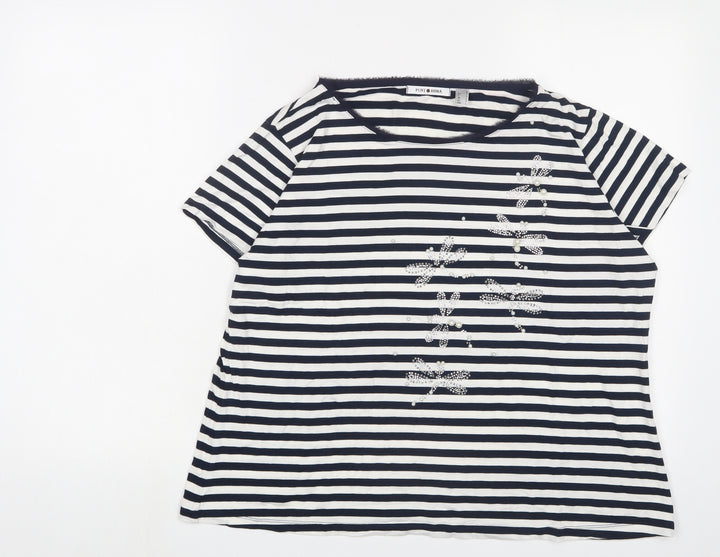 Punt Roma Womens Blue Striped Viscose Basic T-Shirt Size L Boat Neck - Beaded
