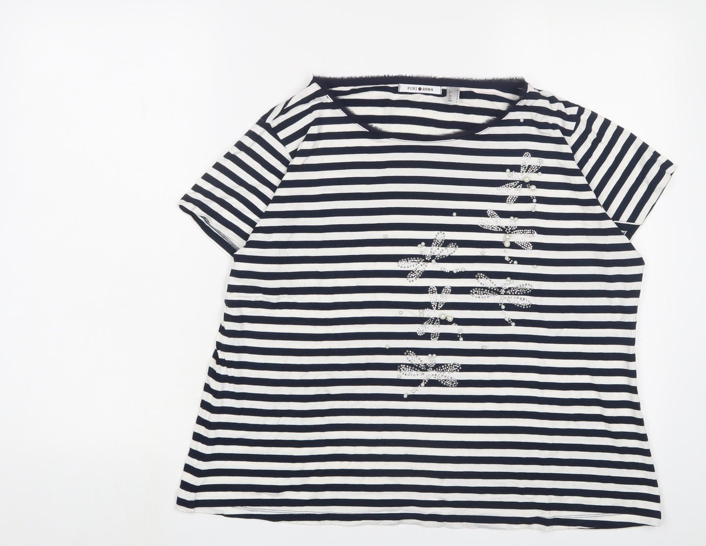 Punt Roma Womens Blue Striped Viscose Basic T-Shirt Size L Boat Neck - Beaded