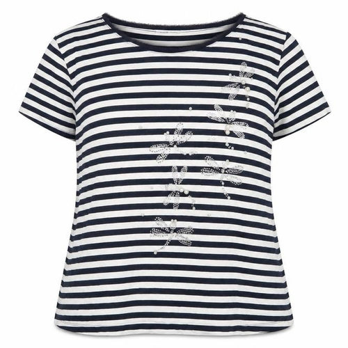 Punt Roma Womens Blue Striped Viscose Basic T-Shirt Size L Boat Neck - Beaded