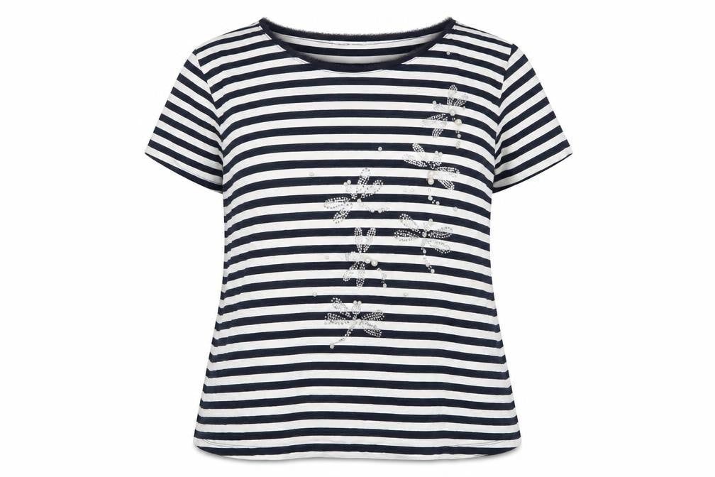 Punt Roma Womens Blue Striped Viscose Basic T-Shirt Size L Boat Neck - Beaded