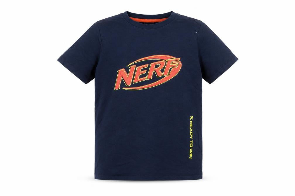 Front view of NERF boys’ blue cotton basic t-shirt, size 7-8, years crew neck pullover