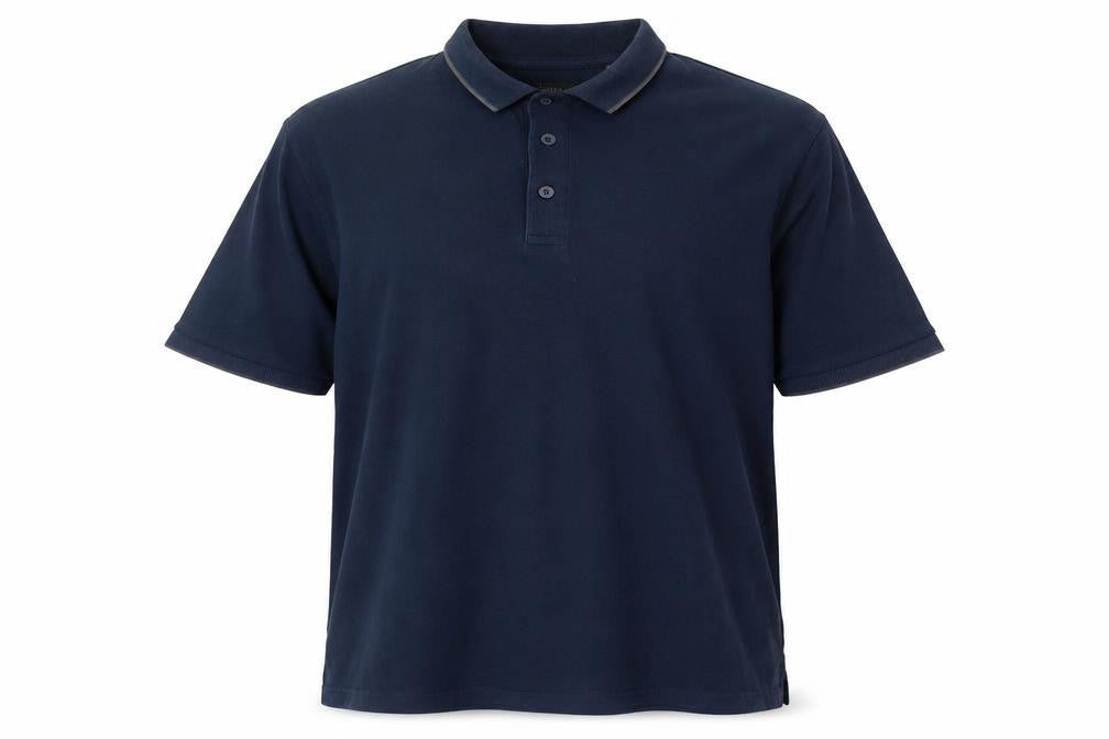 Front view of Capsule men’s blue cotton polo, size XL, collared button