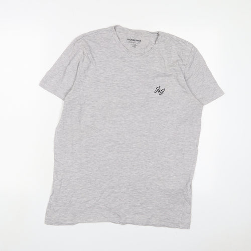 JACK & JONES Mens Grey Cotton T-Shirt Size M Crew Neck - Logo