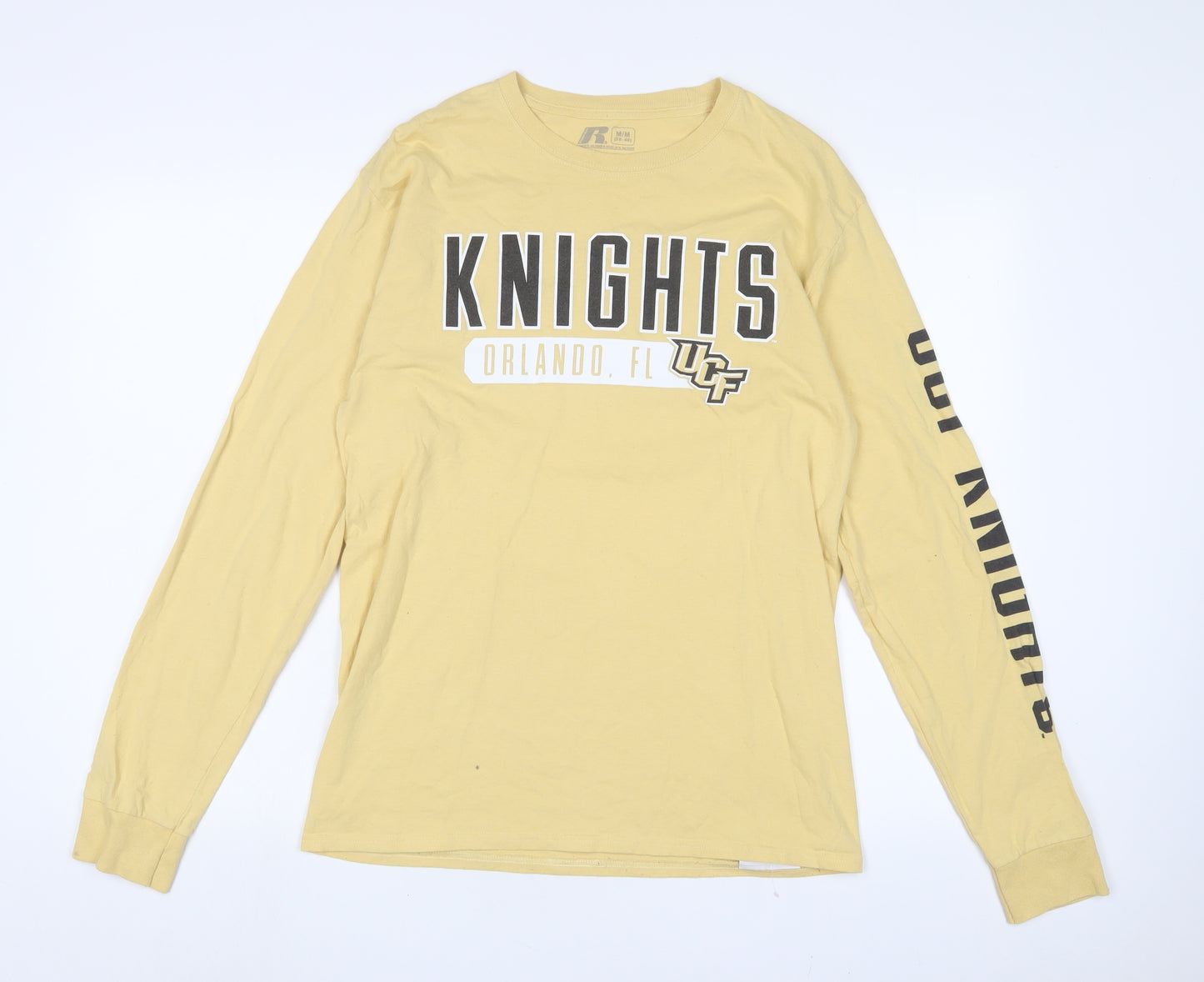 Russell Mens Yellow Cotton T-Shirt Size M Crew Neck - Knights Orlando