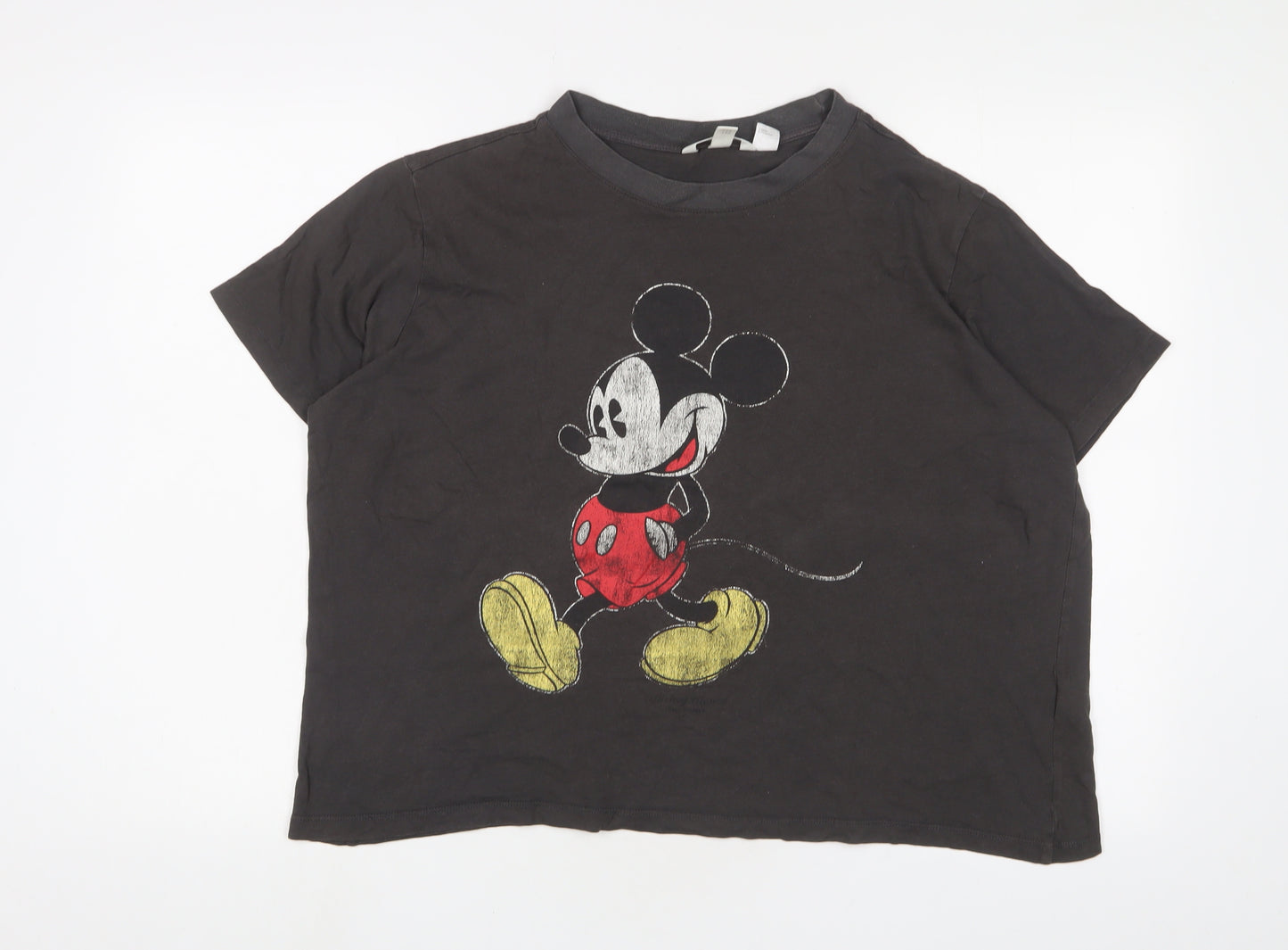 H&M Womens Grey Cotton Cropped T-Shirt Size XL Crew Neck - Mickey Mouse