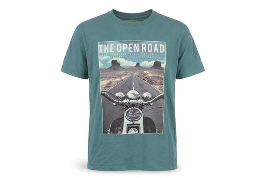 Front view of SandStone men’s blue cotton t-shirt, size M, crew neck